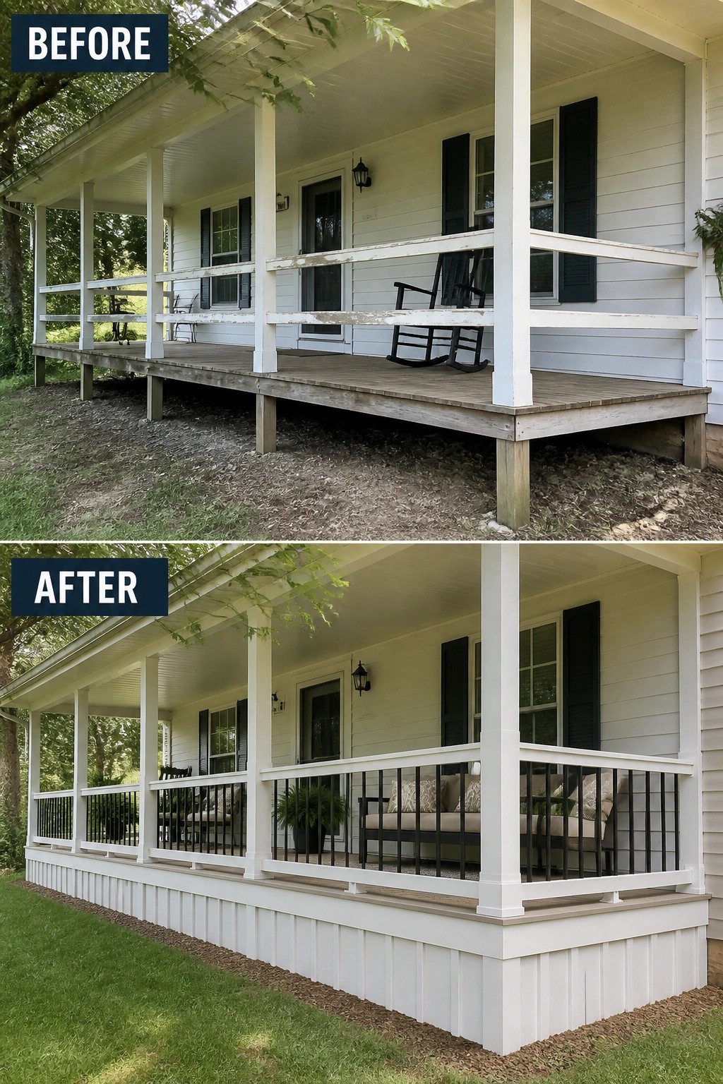 Before-and-after image of a front porch turned into a finished seating area with board-and-batten skirting, new metal baluster railing, and outdoor sofa.