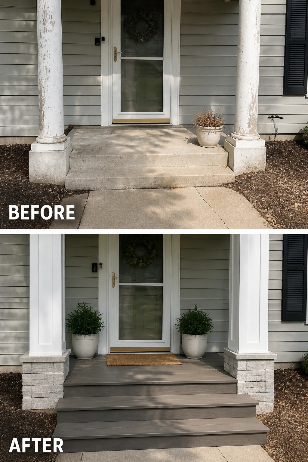 Before-and-after image of a plain concrete front steps updated with layered decking, wrapped columns on stone bases, and matching planters to create a defined porch entry.