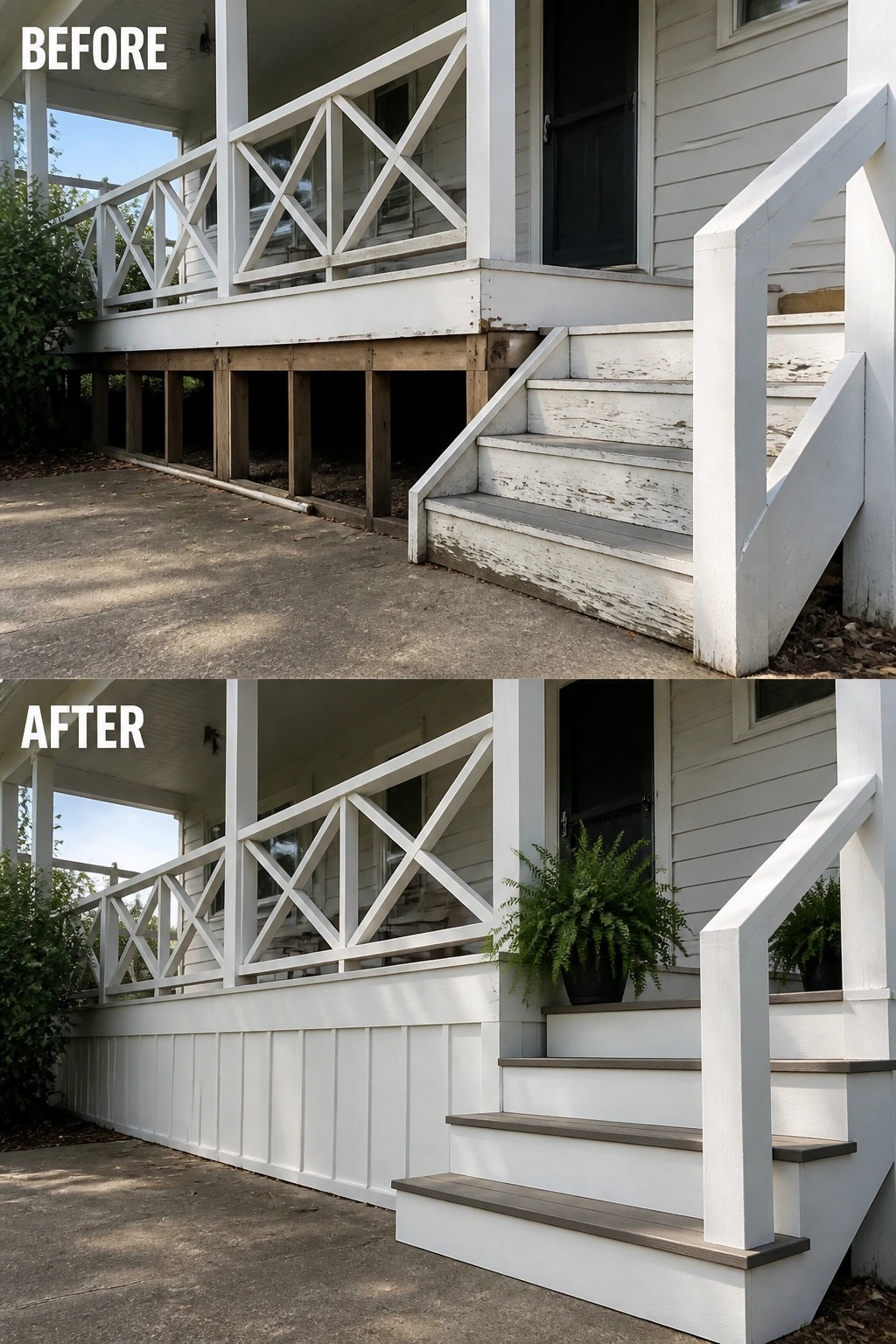 Before-and-after image of a front porch with an open under-structure updated by adding board-and-batten skirting, new steps, and potted plants.