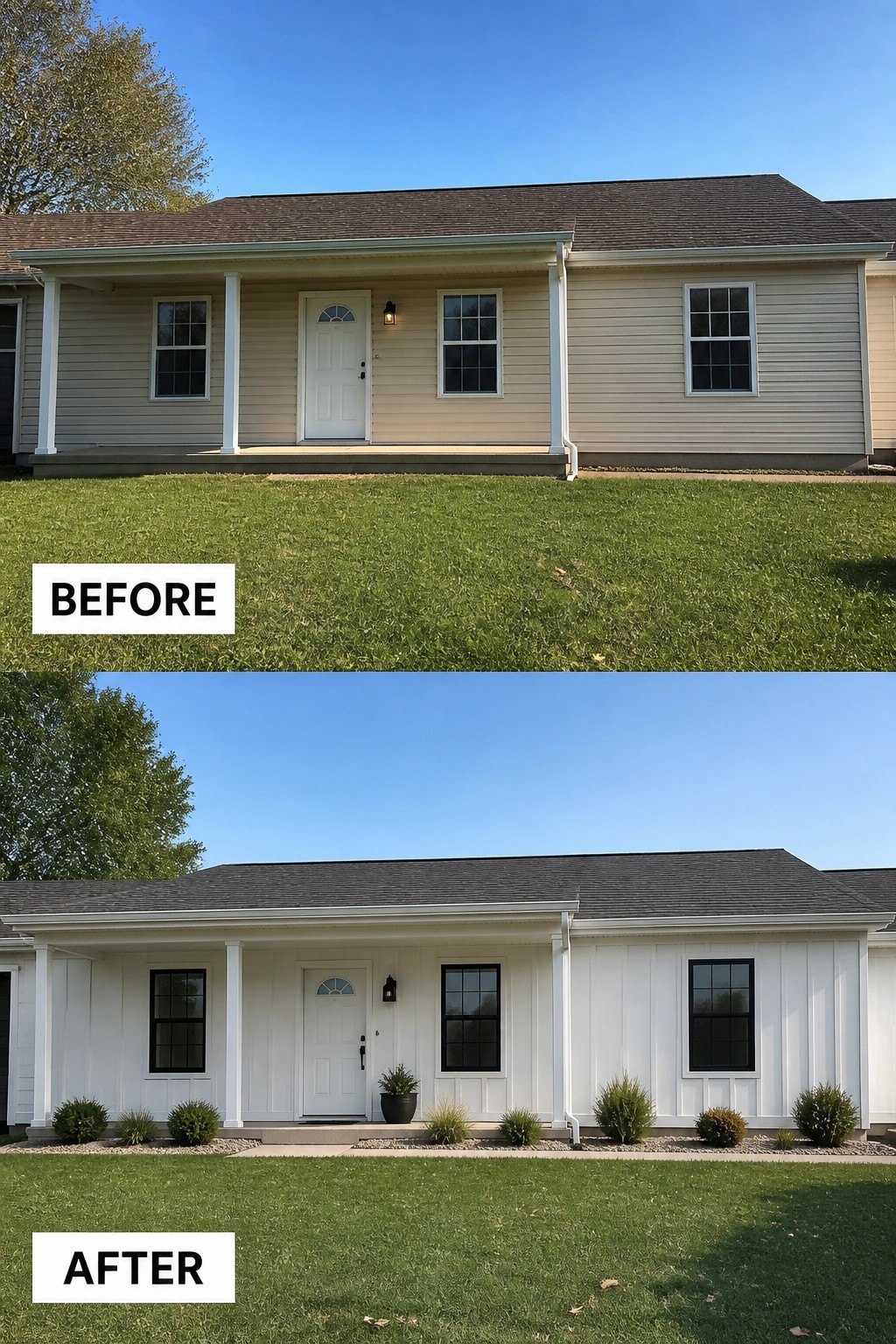 Before-and-after image of a ranch house exterior updated from beige horizontal siding to white board-and-batten with dark window trim and new low planting beds.