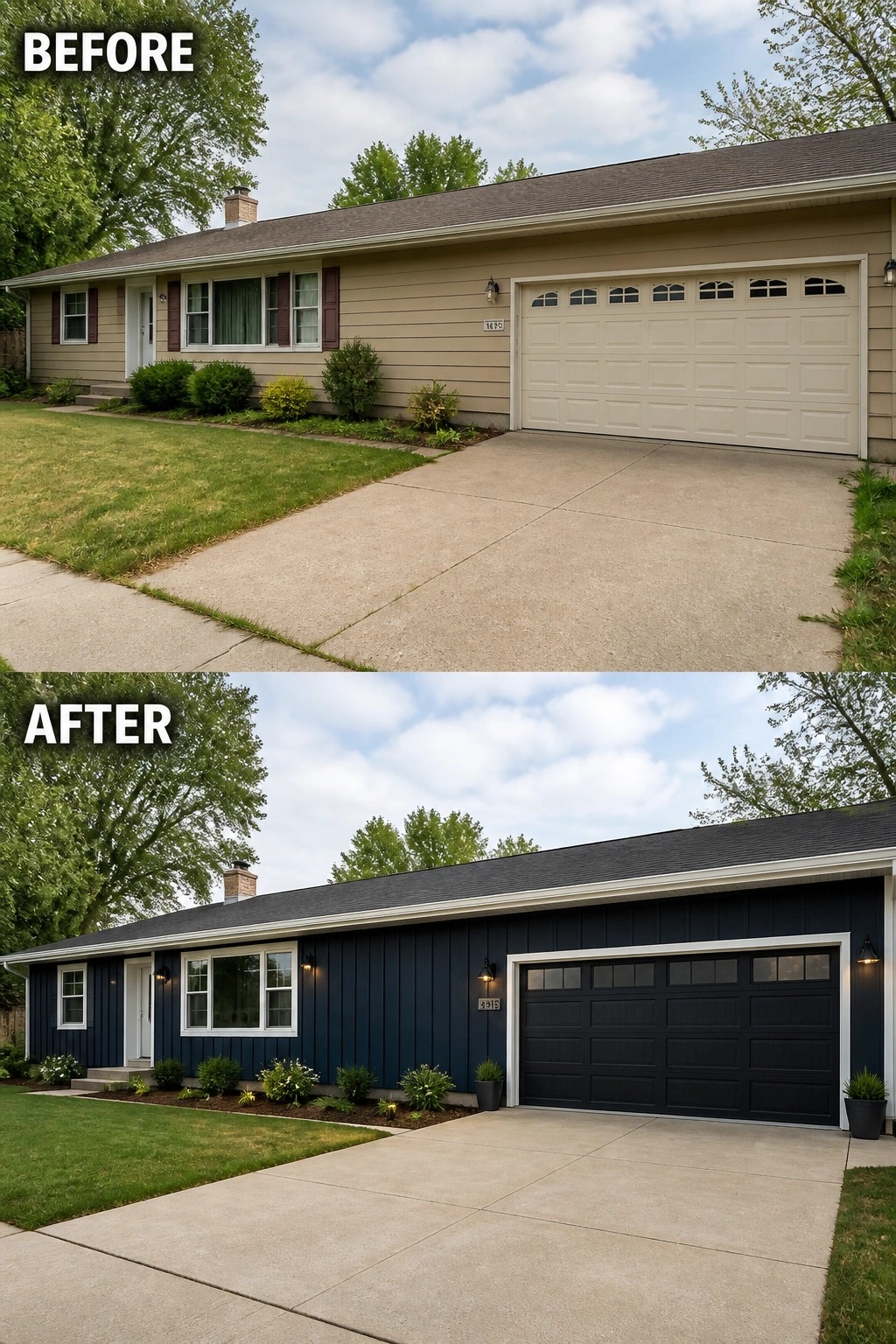 Before-and-after image of a single-story ranch updated from beige horizontal siding to dark vertical board-and-batten siding with a new dark garage door, trim, and planted beds.