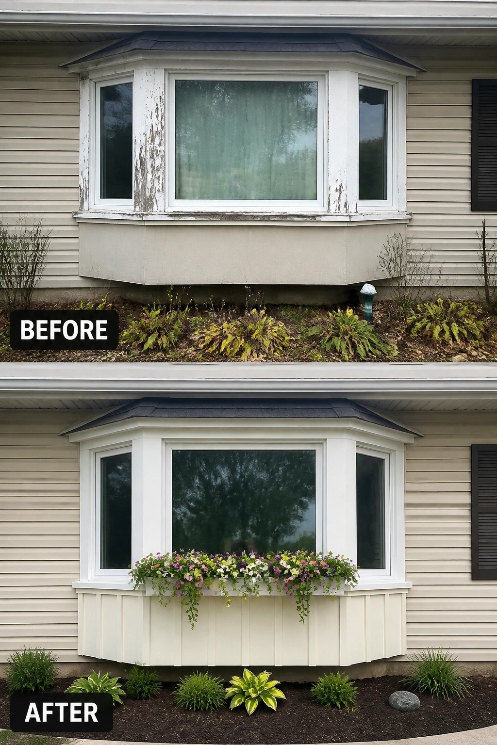 Before-and-after image of a bay window on a ranch house updated from peeling trim and plain panels to fresh board-and-batten siding, new trim, and a flower box.