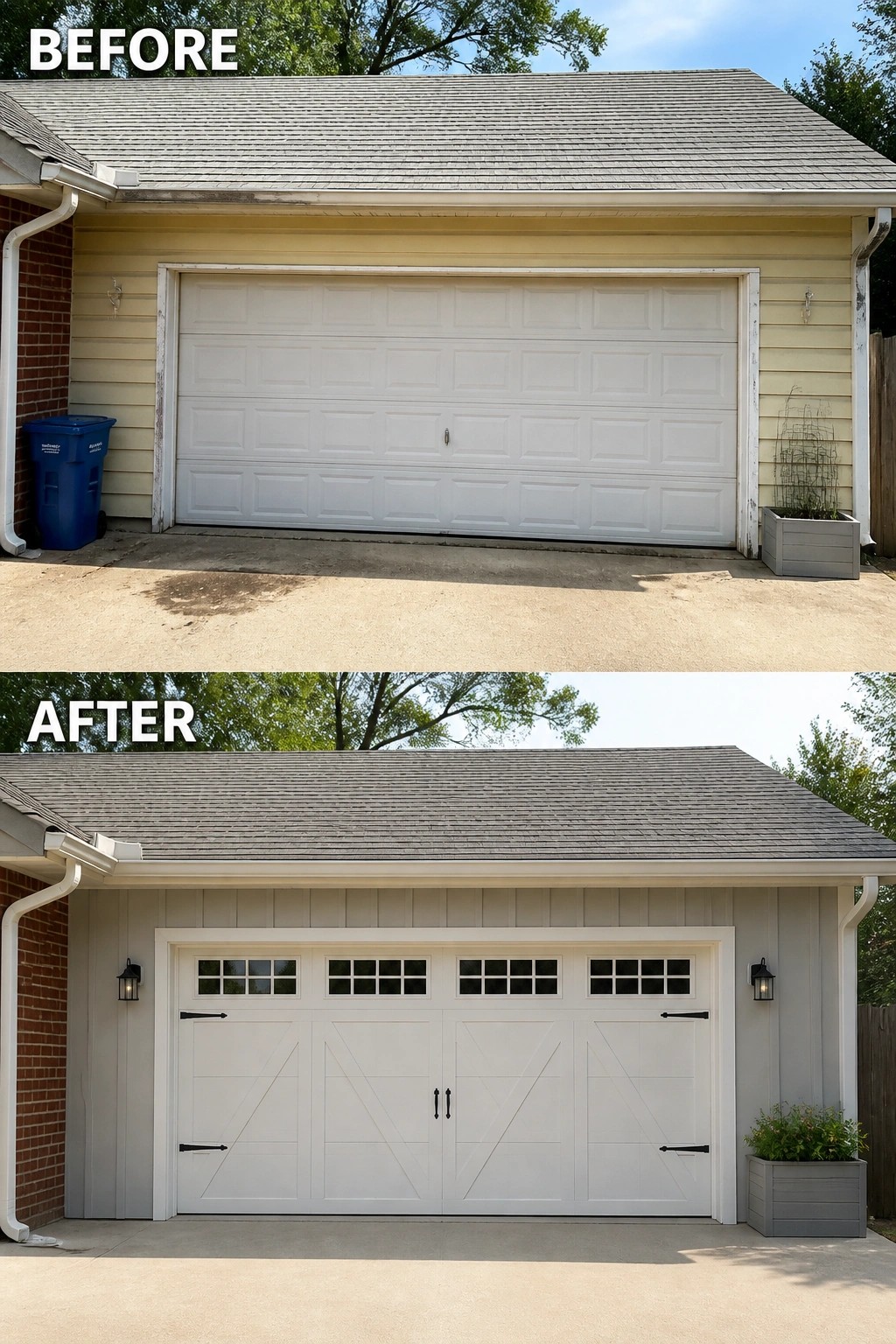 Before-and-after image showing a plain garage updated with board-and-batten siding