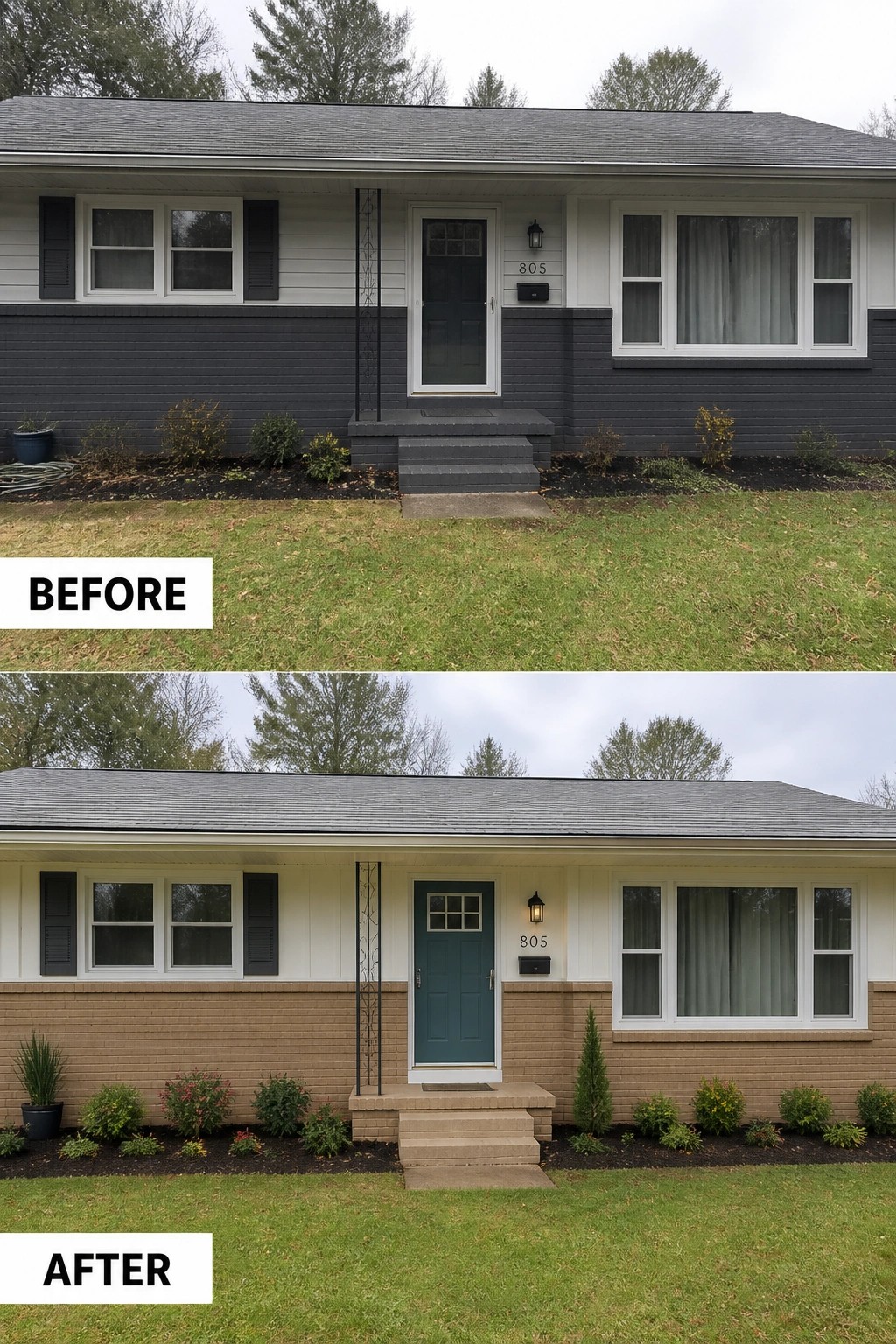 Before-and-after image of a ranch house exterior updated by replacing horizontal siding with light board-and-batten above the brick and adding a teal front door and simple plantings.