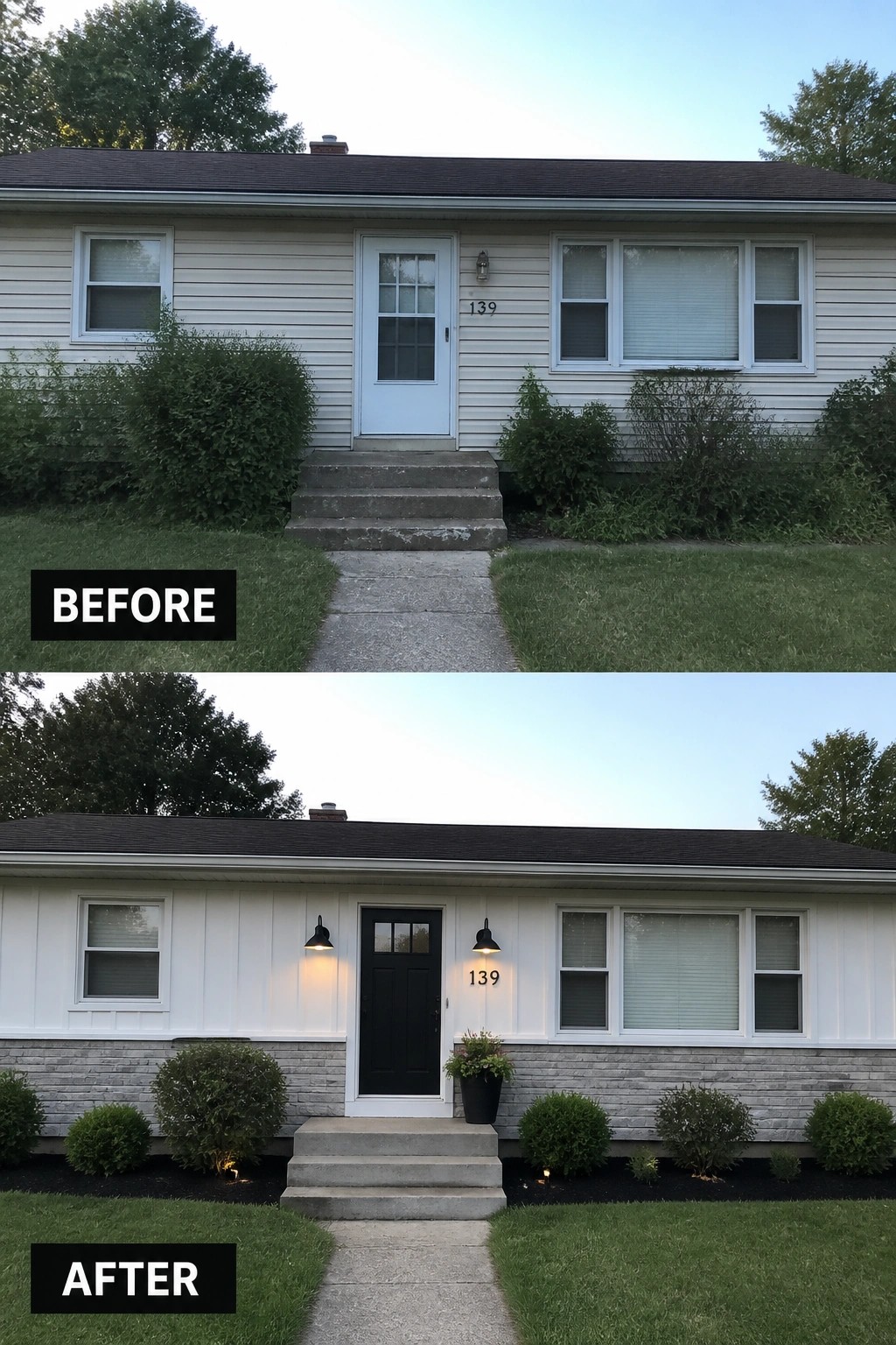 Before-and-after image of a single-story ranch house updated from horizontal siding to vertical board-and-batten with a new dark front door, exterior lights, and cleaner landscaping.