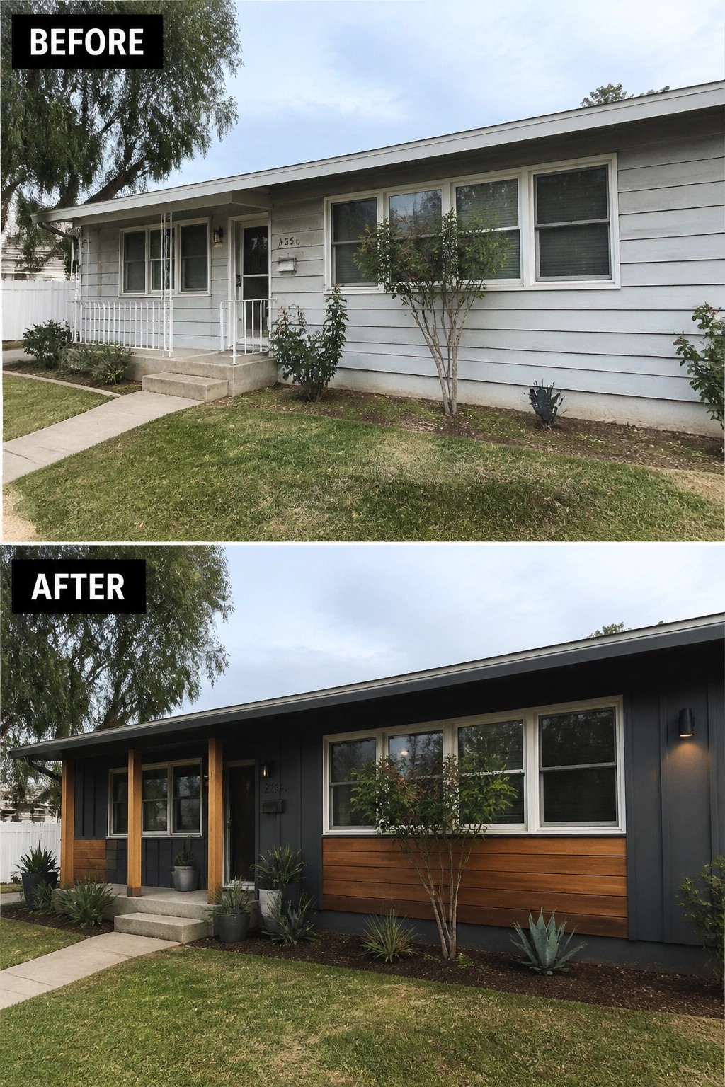 Before and after single-story house exterior; pale gray siding updated to charcoal and wood
