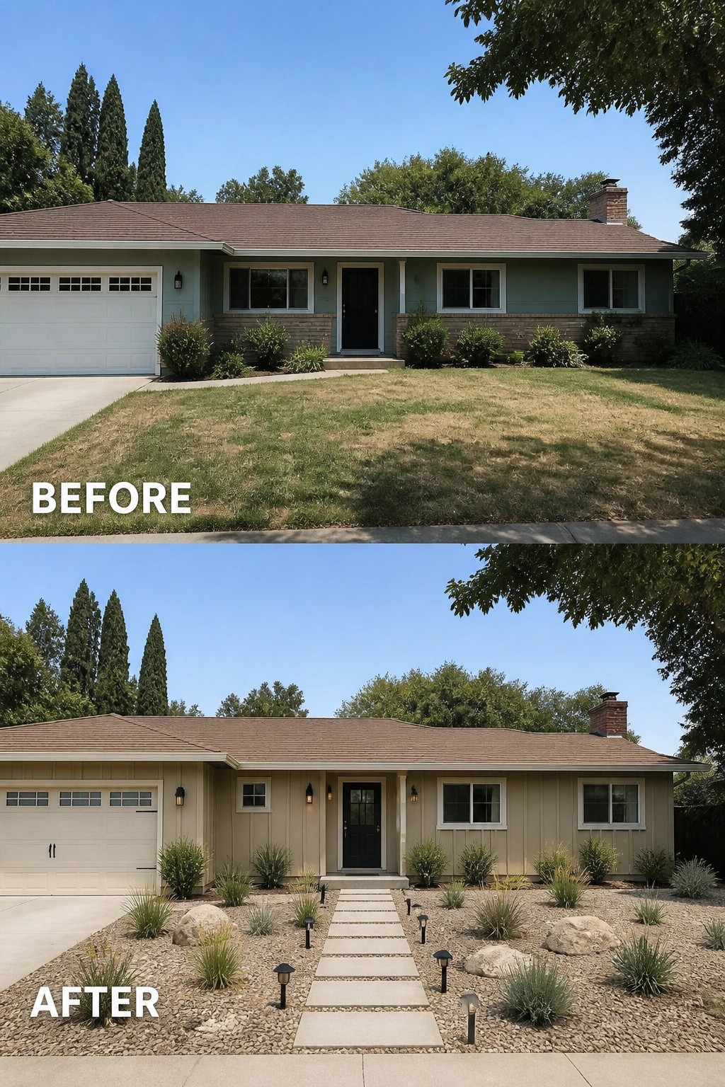Before-and-after ranch: faded green house and lawn replaced by beige siding, paver walkway
