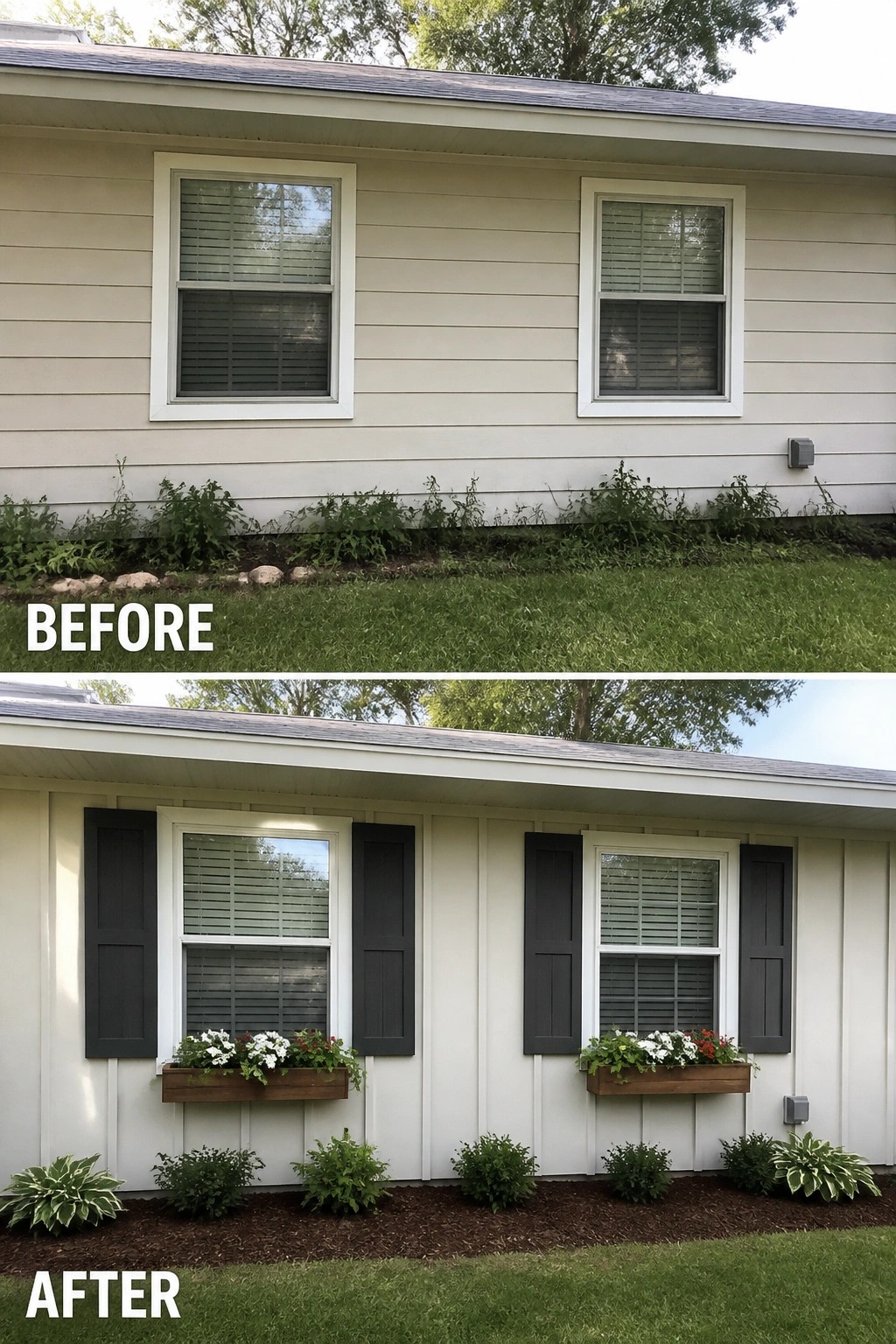 Before-and-after image of a ranch exterior where