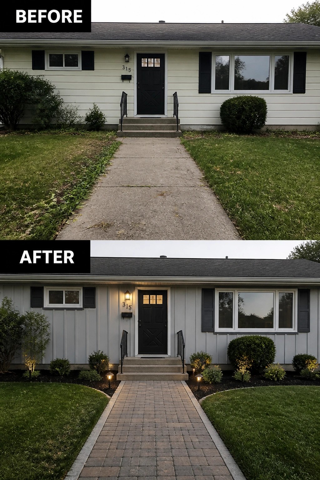 Before-and-after image of a simple ranch house updated with board-and-batten siding, a new paver walkway, and low landscape lighting.