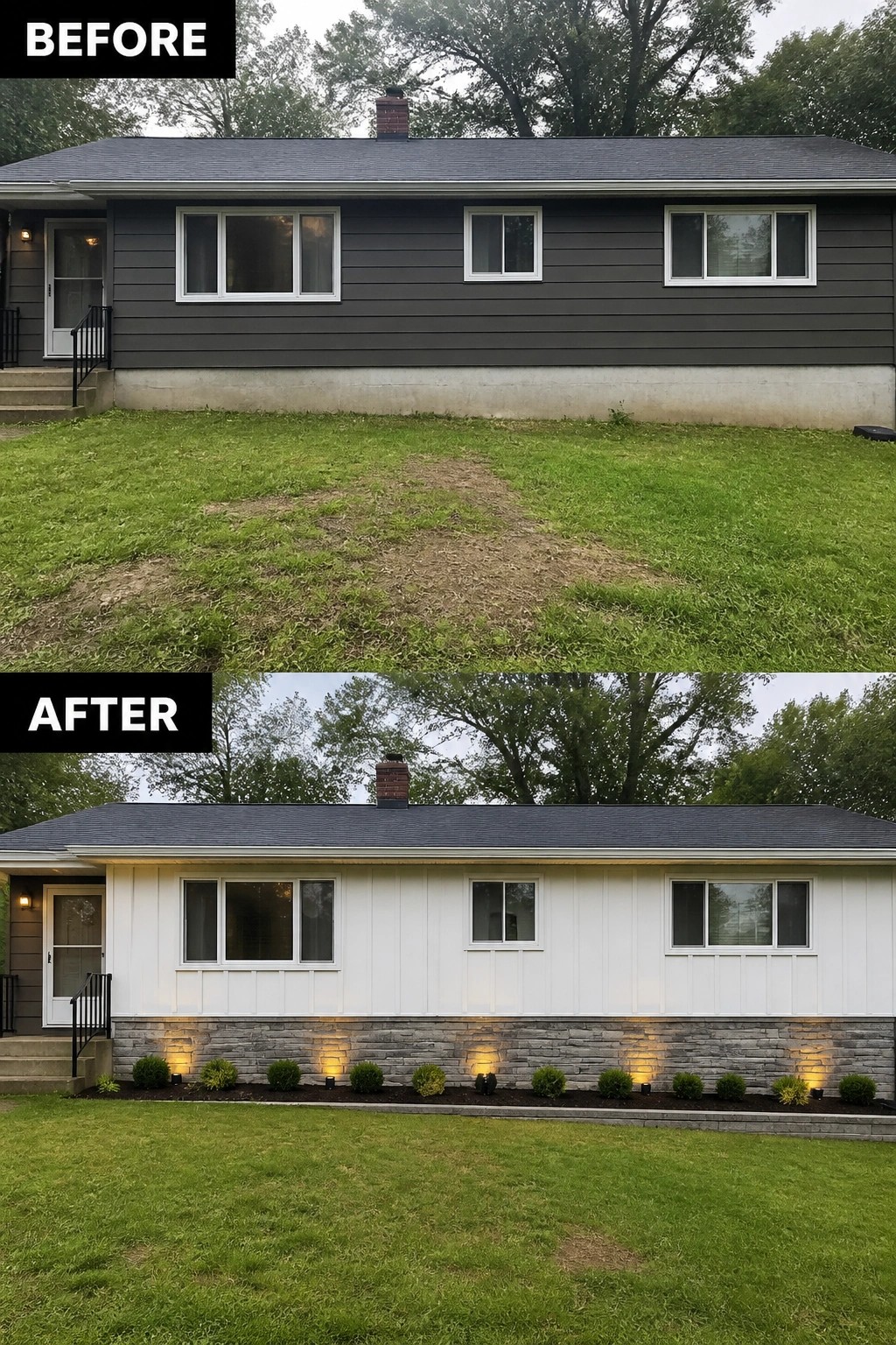 Before-and-after image of a ranch house where dark horizontal siding is replaced by white board-and-batten with a stone skirt, a planted bed, and uplighting.
