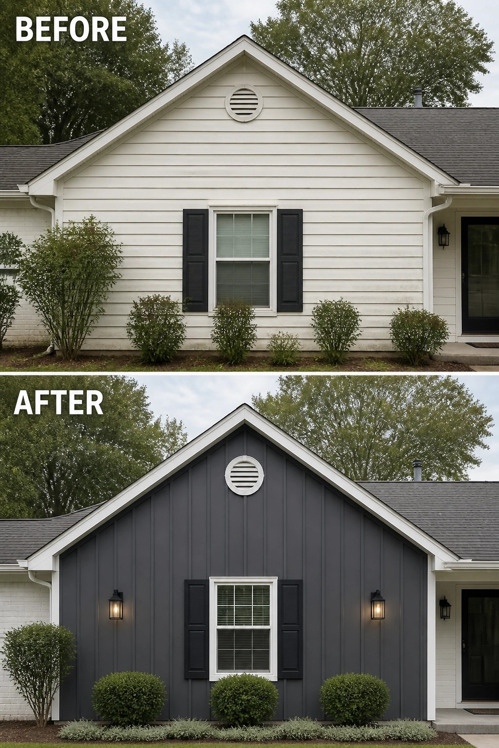 Before-and-after image of a ranch house exterior updated from horizontal siding to vertical board-and-batten and a darker paint color.