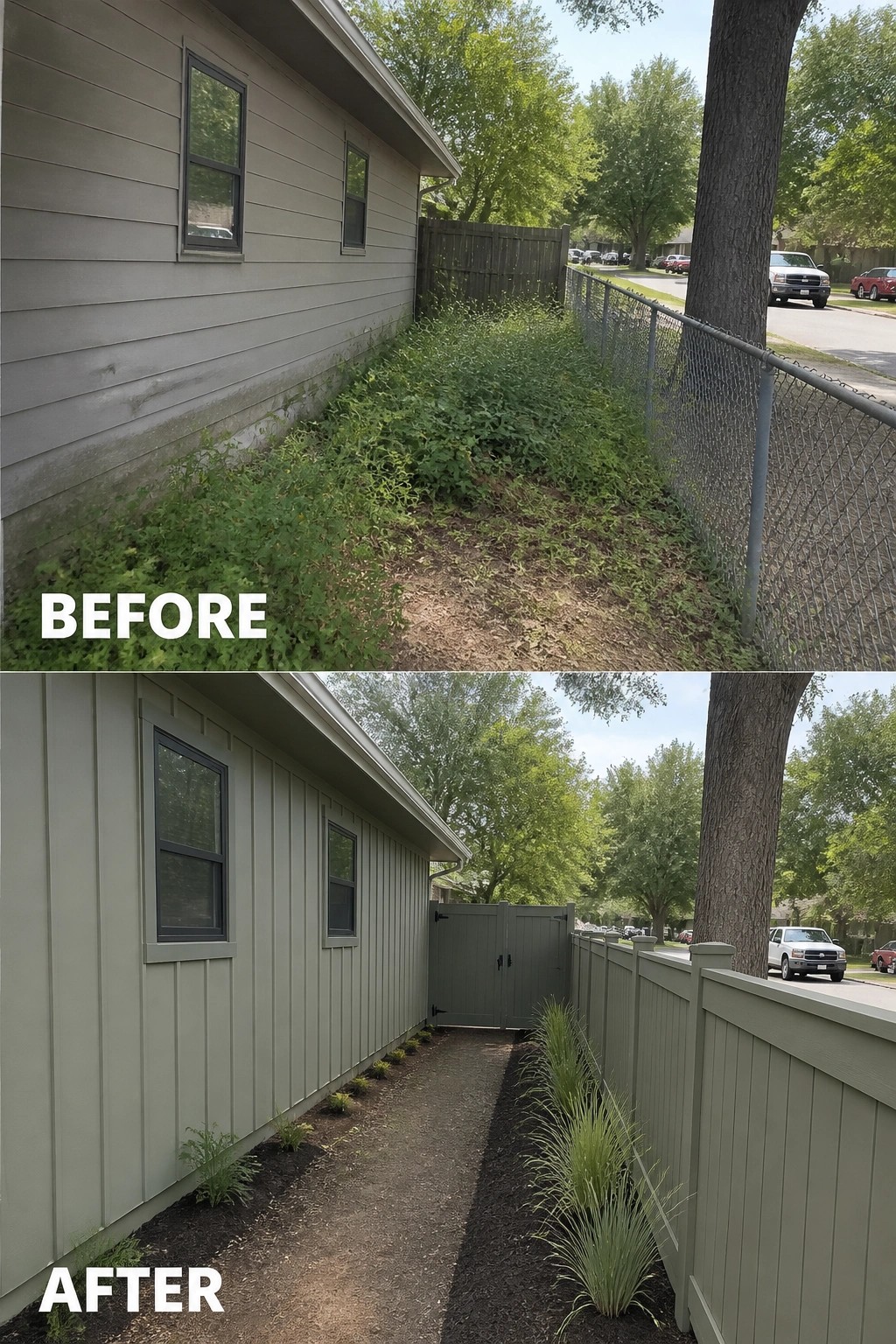 Before-and-after image of a narrow overgrown side yard updated with vertical board-and-batten siding, a new fence, defined planting beds, and a clear path.