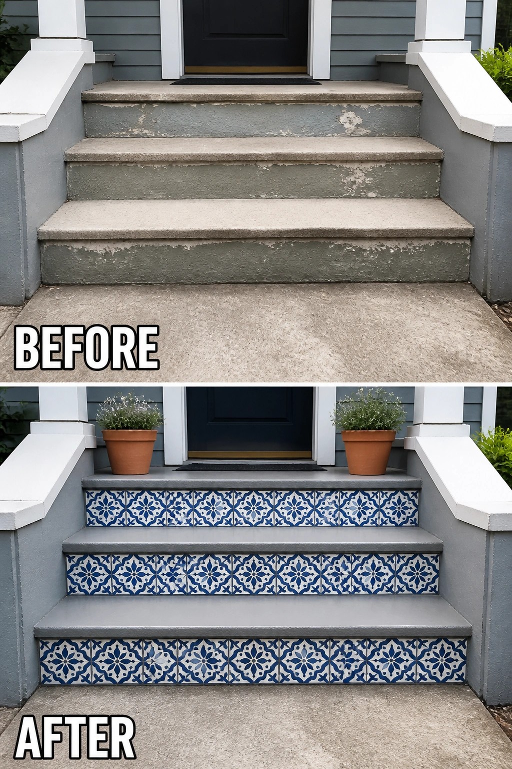 Before-and-after image of a front porch where plain, worn concrete steps are updated with blue-and-white patterned tile risers, fresh paint, and potted plants.