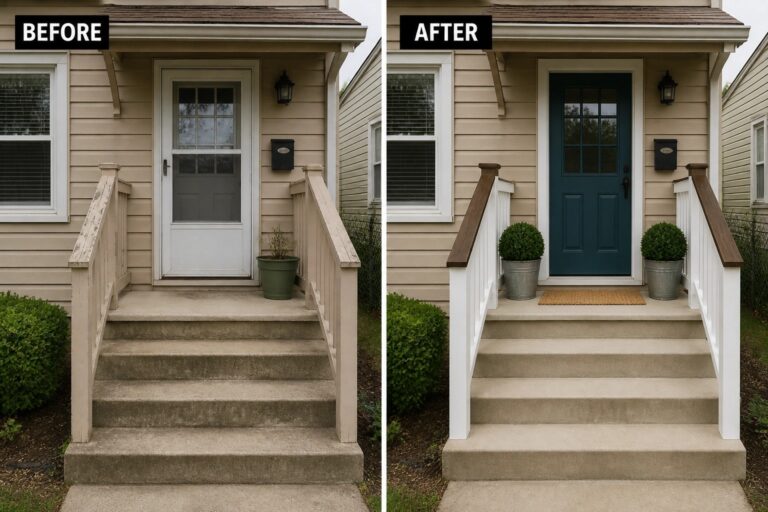22 Stylish Small Home Makeovers Built Around Small Porch Improvements Before-and-after image of a small front porch showing a plain stoop updated with a painted front door, refreshed railings, and staged planters.