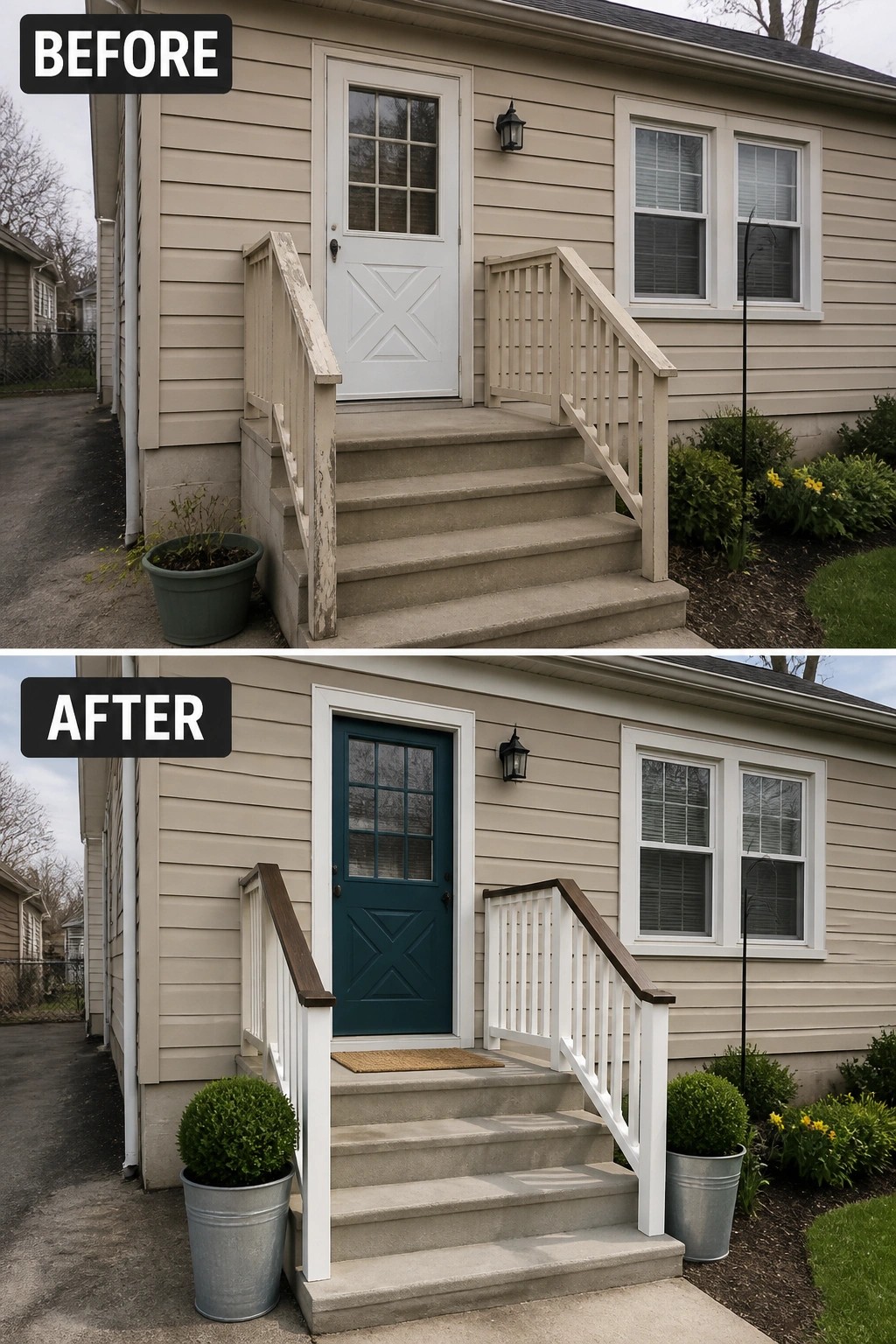 Before-and-after image of a small front porch showing a plain stoop updated with a painted front door, refreshed railings, and staged planters.