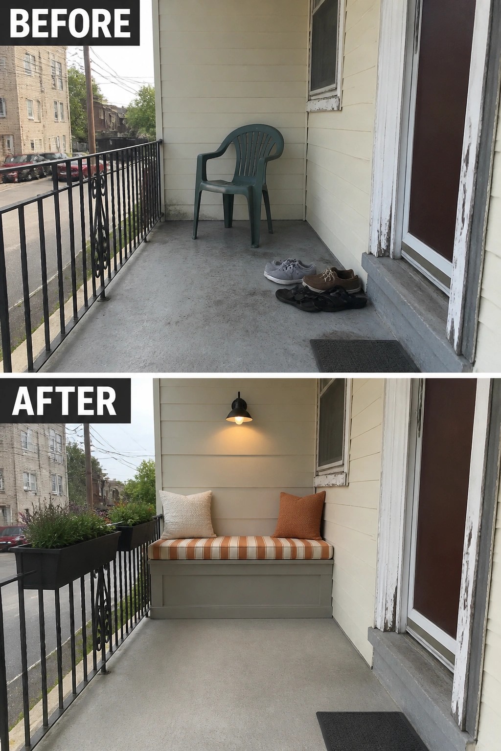 Before-and-after image of a small front porch changed from an empty concrete landing into a seated entry with a painted bench topped with a striped cushion and pillows, a wall-mounted light, and railing planters.