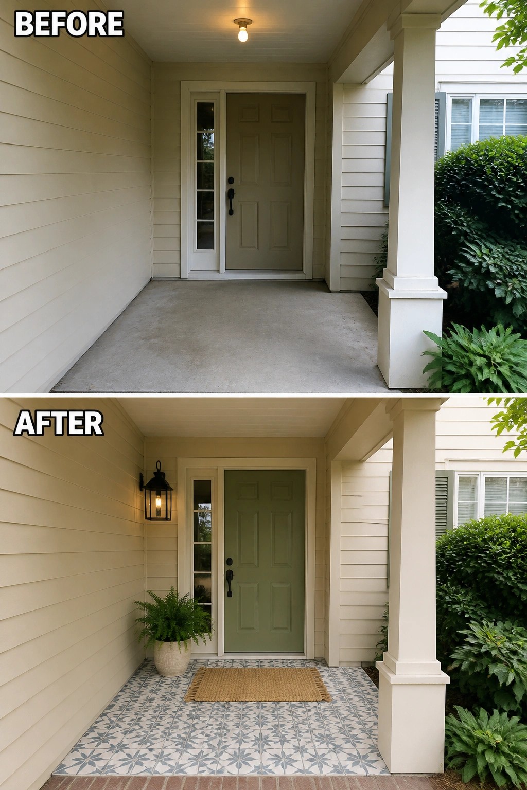 Before-and-after image of a bare front porch updated with patterned floor tile, a painted front door, a new lantern light, and a