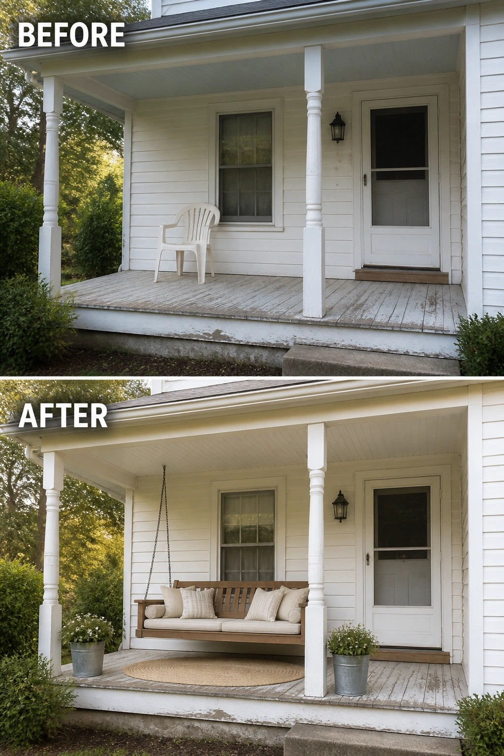 Before-and-after image of a bare front porch updated with a hanging porch swing, outdoor rug, cushions, and potted plants.