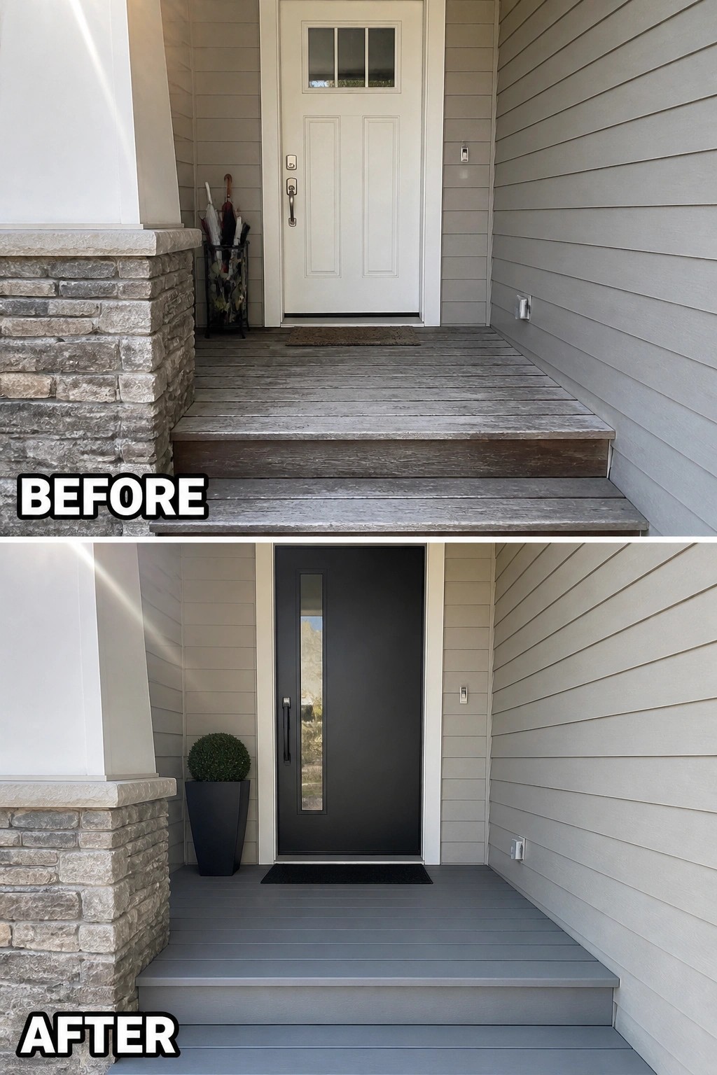 Before-and-after image of a small front porch changed from a worn white door and weathered decking to a dark modern door with fresh gray decking, a planter, and a doormat.