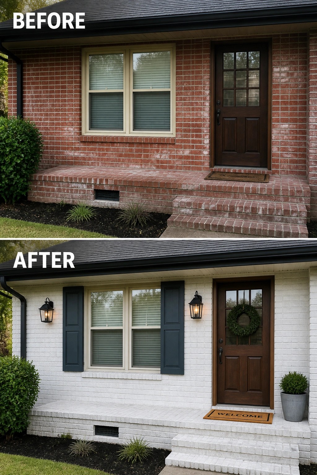 Before-and-after image of a front porch showing red brick and bare steps updated with painted white brick, shutters, wall lanterns, and a welcome mat.