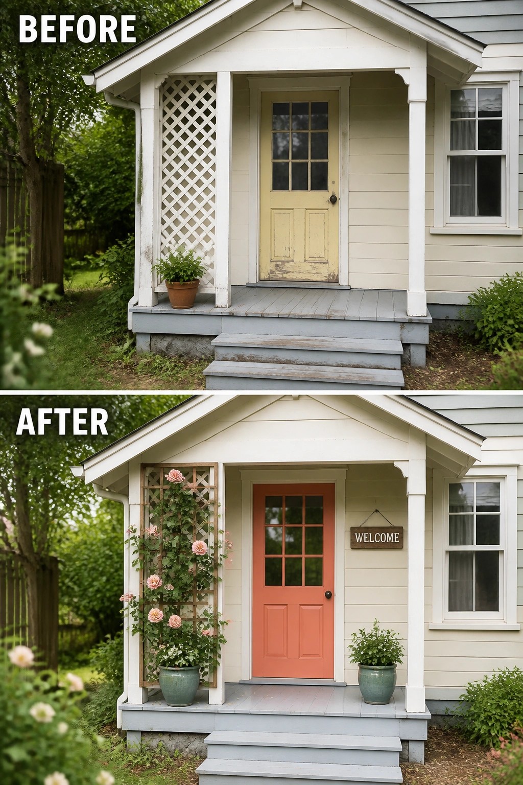 Before-and-after image of a small front porch updated with a freshly painted coral door, a trellis with climbing roses, matching potted plants, and a welcome sign.