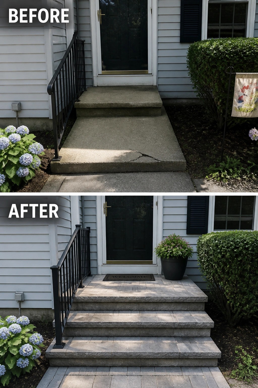 Before-and-after image of a cracked concrete front stoop replaced with layered paver steps and a small styled landing with a planter and welcome mat.