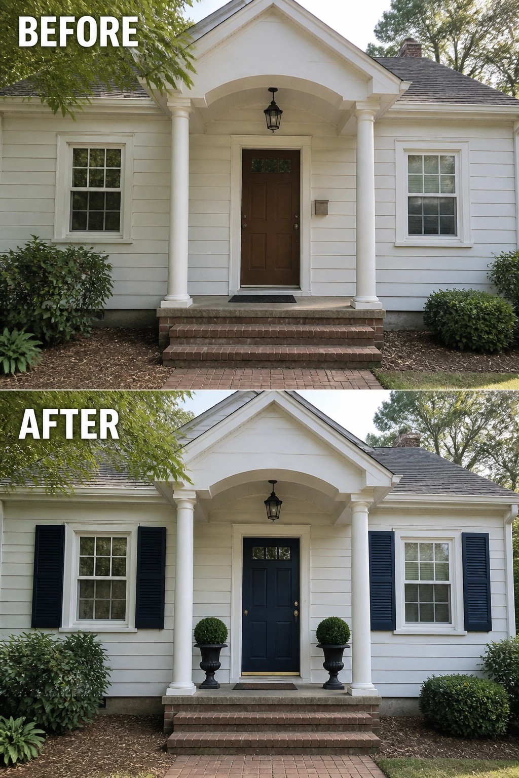 Before-and-after image of a small front porch updated with a painted navy door, matching shutters, and paired urn planters.