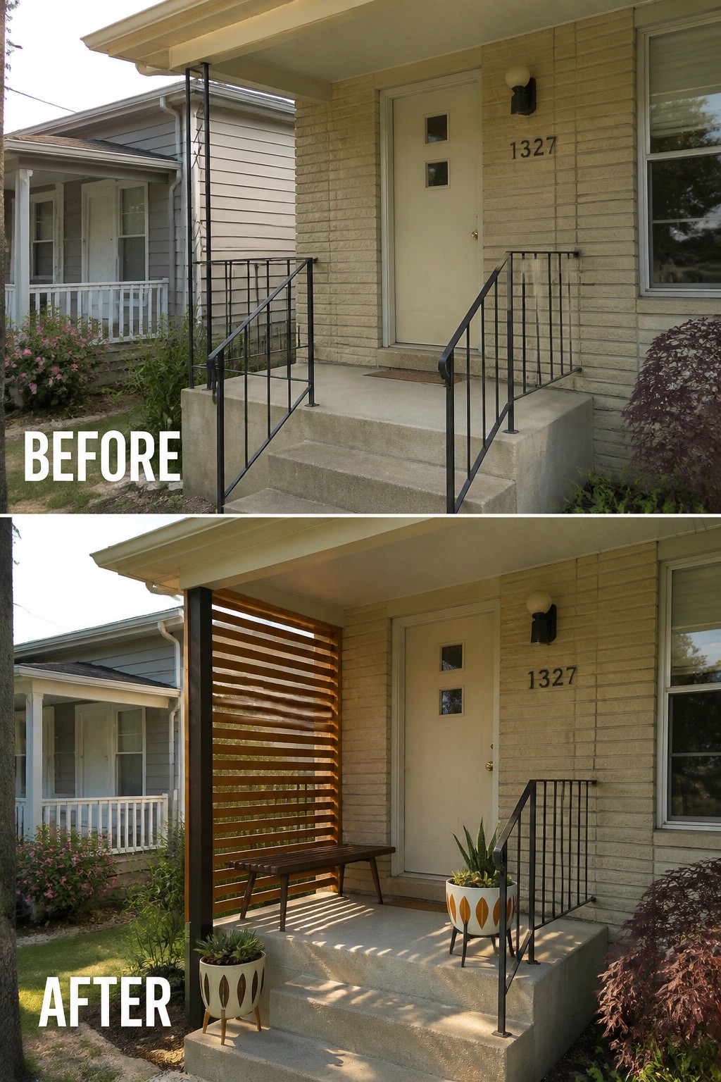 Before-and-after image of a small front porch where a bare concrete stoop was updated with a vertical slatted wood privacy screen, a narrow bench, and planters.