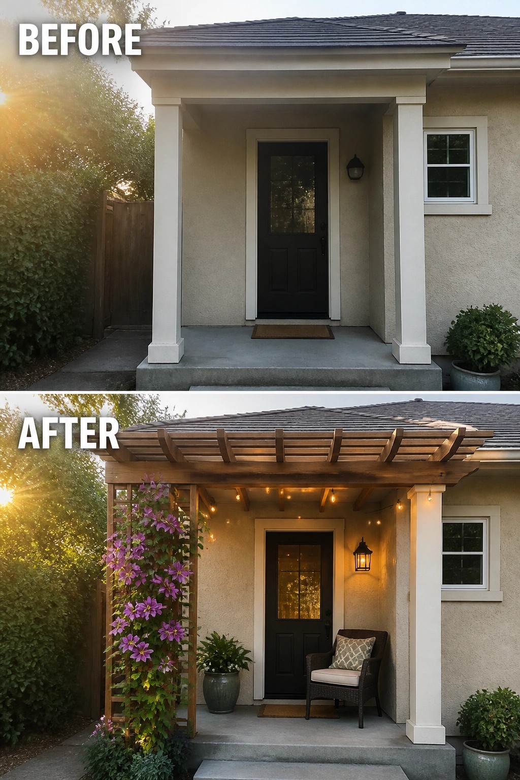 Before-and-after image of a small front porch updated from a plain entry to a sheltered seating nook with a wooden pergola, a chair, and potted plants.