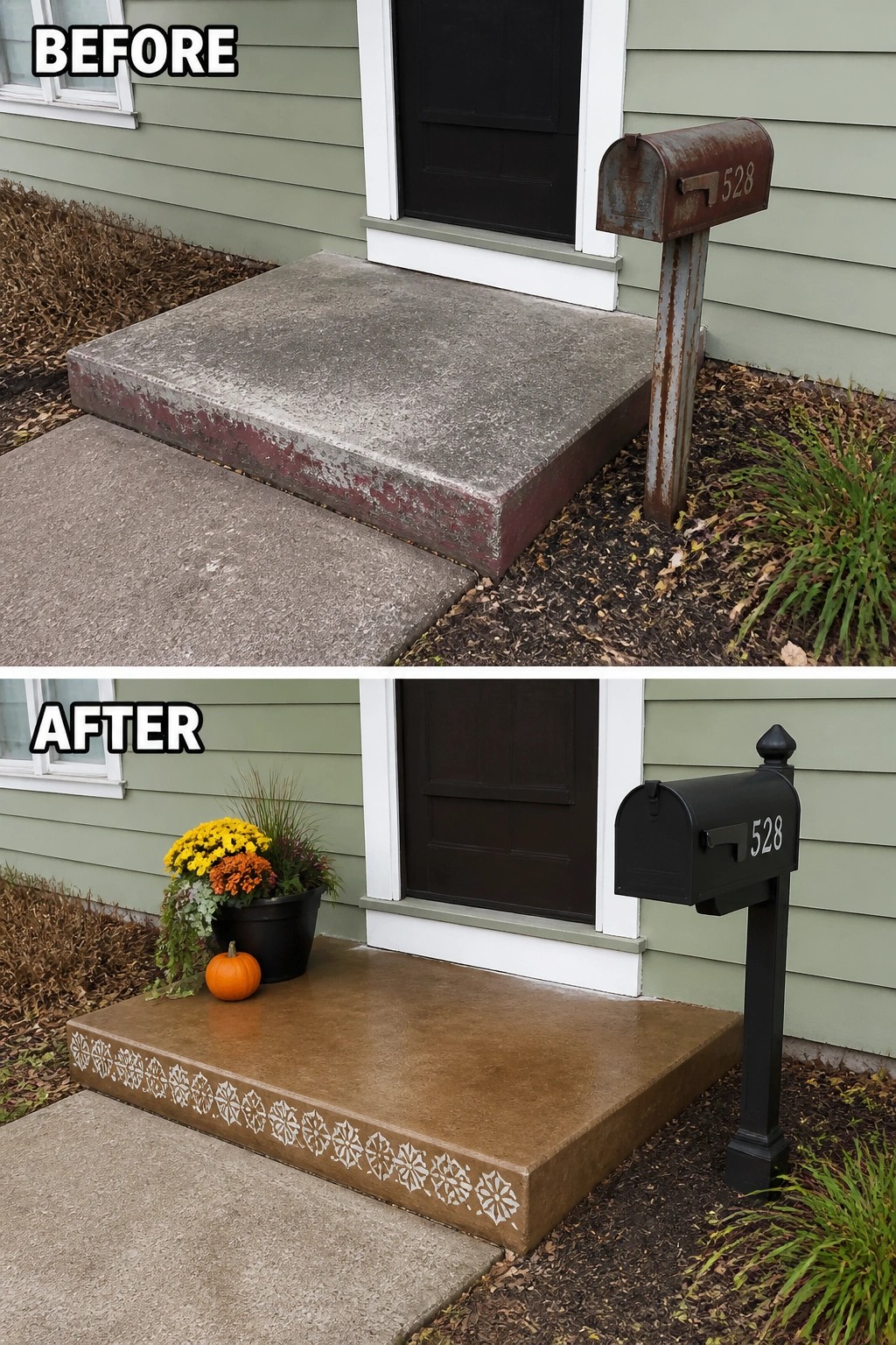 Before-and-after image of a small front porch where plain concrete was cleaned and stained and the area was styled with a planter, decorative edge, and a new mailbox.