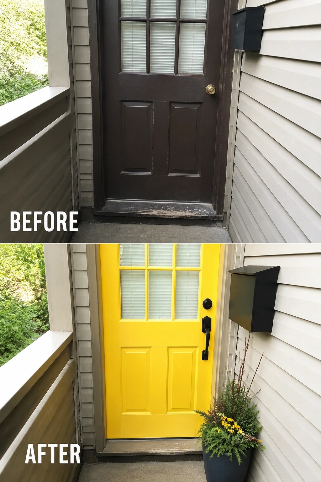 Before-and-after image of a small front porch where a worn dark door was updated to a bright yellow door with new black hardware and a single planter.