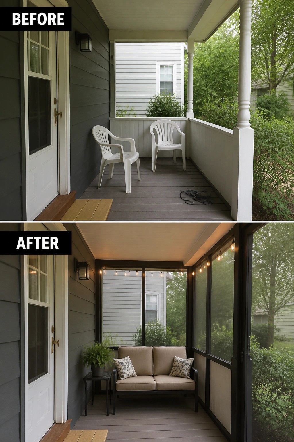 Before-and-after image of a small front porch updated from two plastic chairs to a screened-in seating nook with a loveseat, side table, potted plant, and string lights.