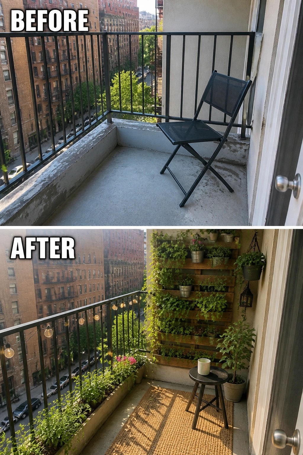 Before-and-after image of a small concrete balcony updated with a vertical pallet planter, potted plants along the railing, a rug, a small stool, and string lights.