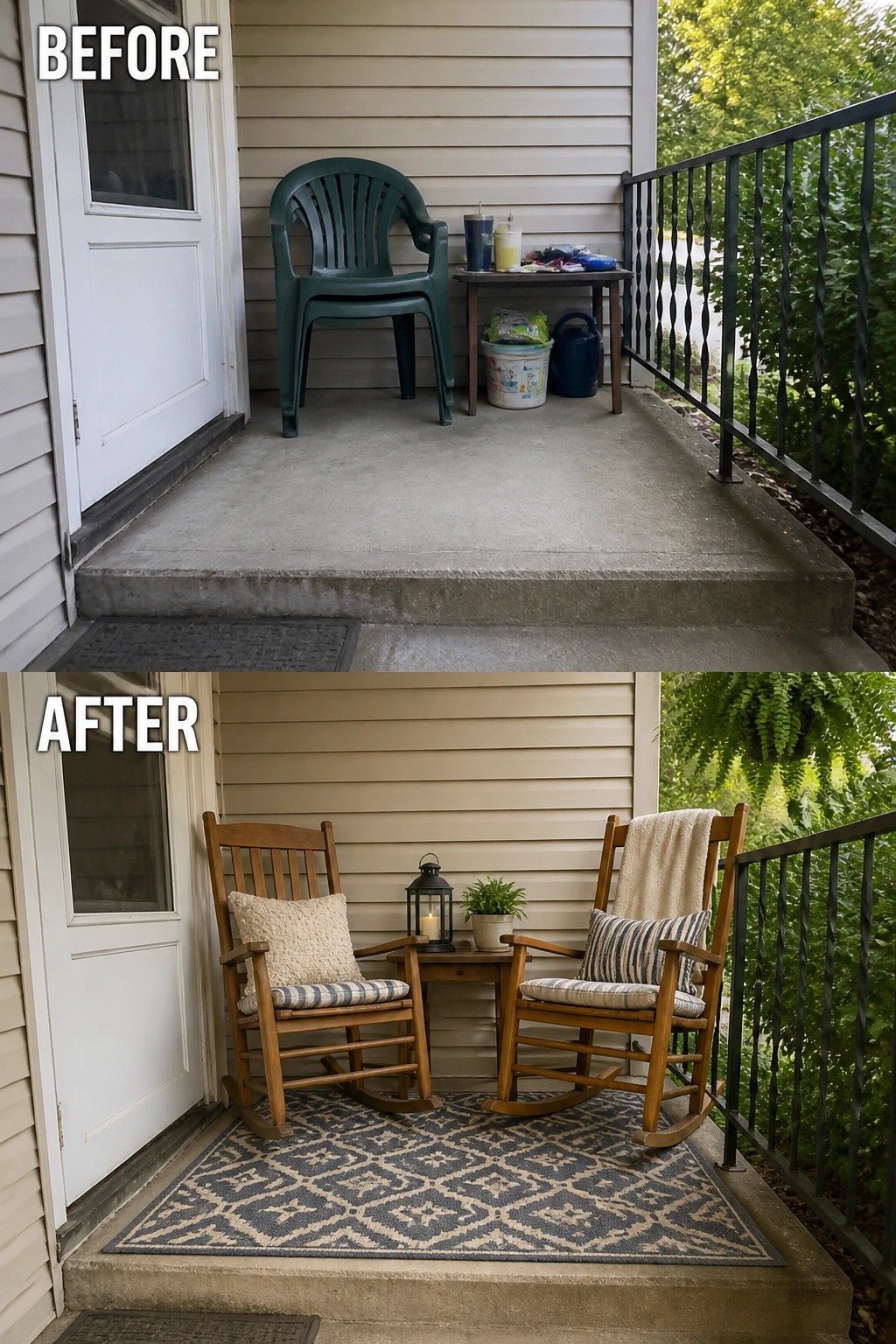 Before-and-after image of a small concrete porch updated from a single plastic chair to a defined seating nook with an outdoor rug, two rocking chairs, a side table, and accessories.