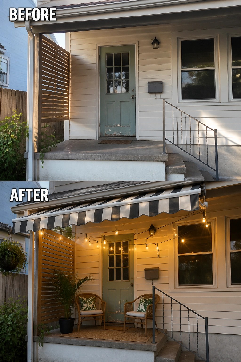 Before-and-after image of a small front porch changed from a bare concrete stoop into a cozy seating area with two chairs, a rug, potted plant, and string lights.