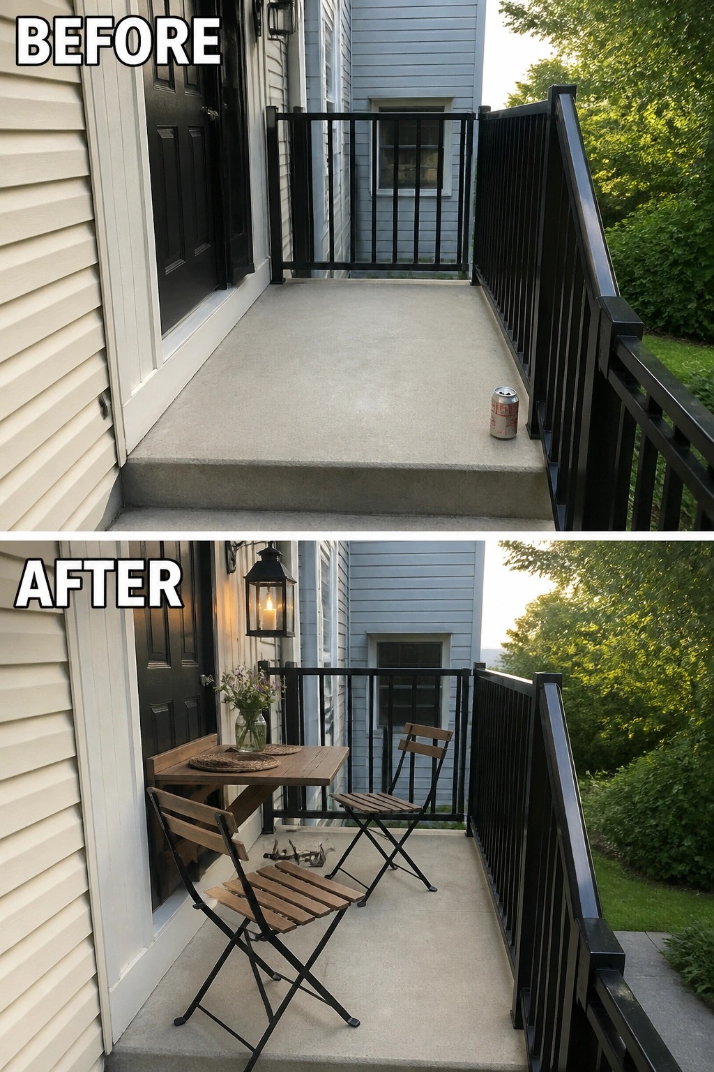 Before-and-after image of a small concrete porch changed from empty to a cozy bistro-style seating area with a small table, two folding chairs, and a hanging lantern.