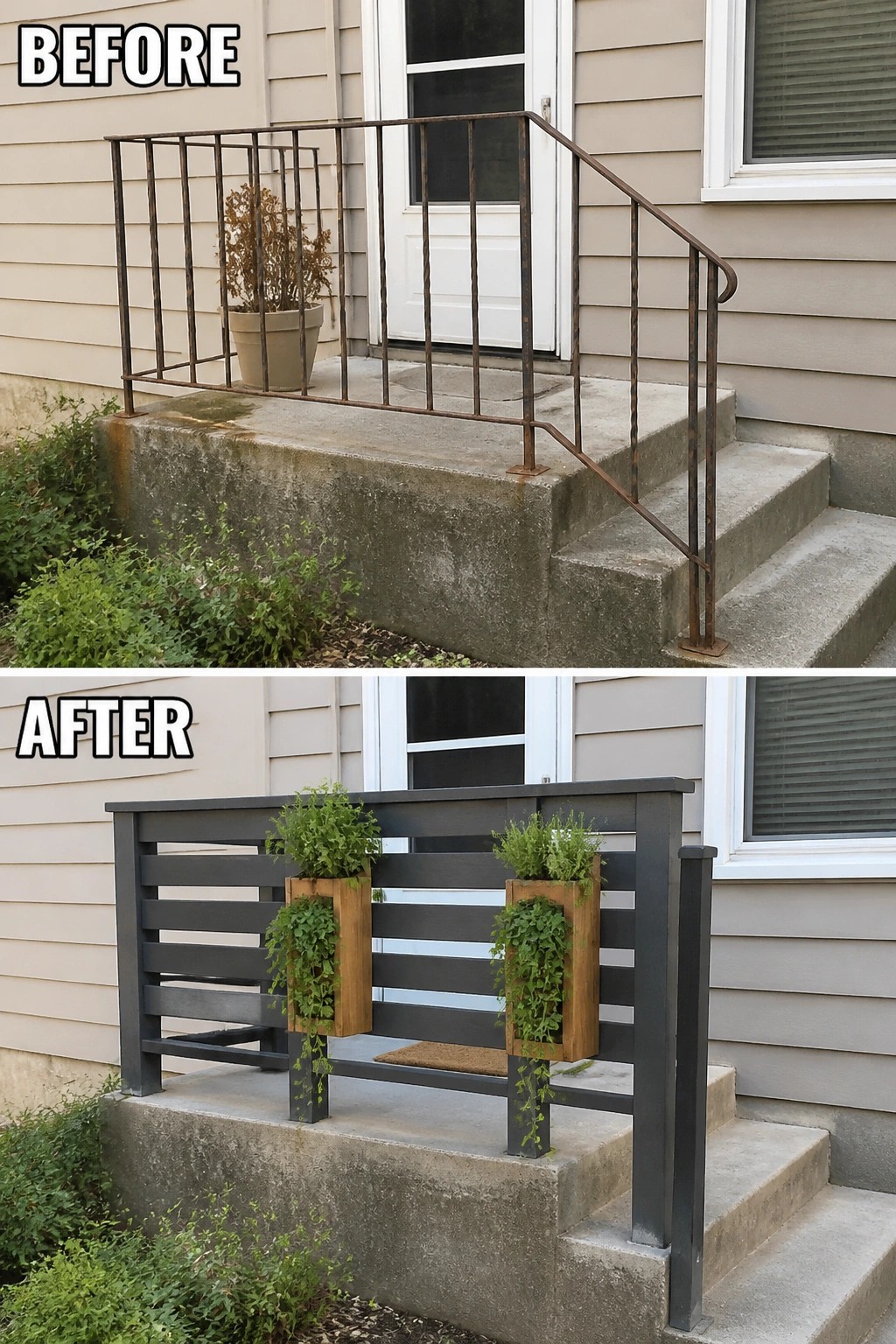 Before-and-after image of a small front porch updated by replacing a rusted metal railing with a modern horizontal railing and adding planter boxes.