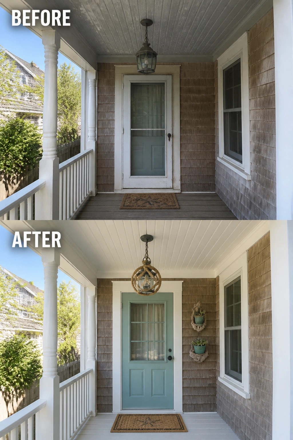 Before-and-after image of a small front porch updated by painting the door a soft blue, adding a hanging lantern, a doormat, and wall planters.