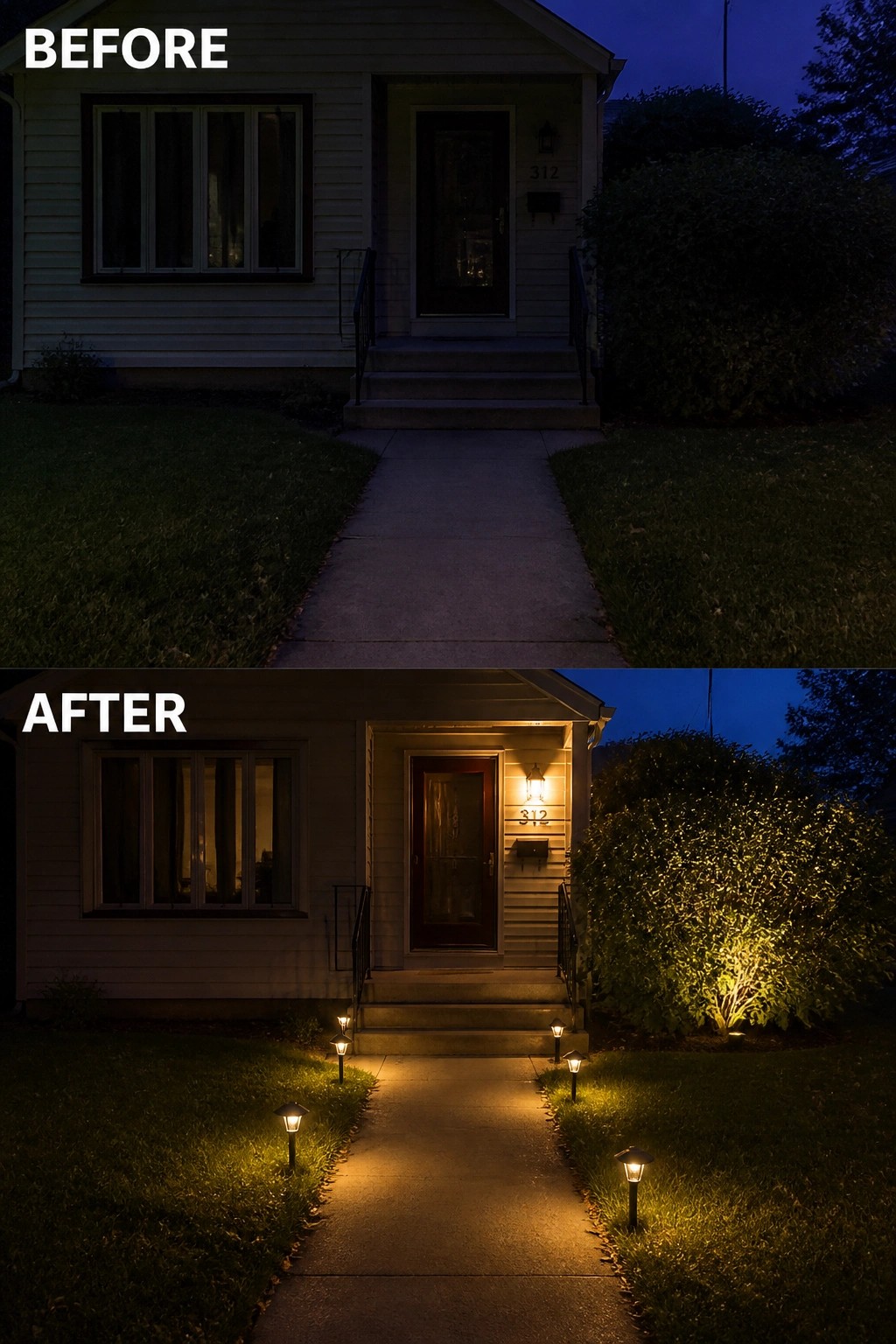 Before-and-after image of a dark front walkway updated with a porch light, a row of pathway stake lights, and uplighting on a bush.
