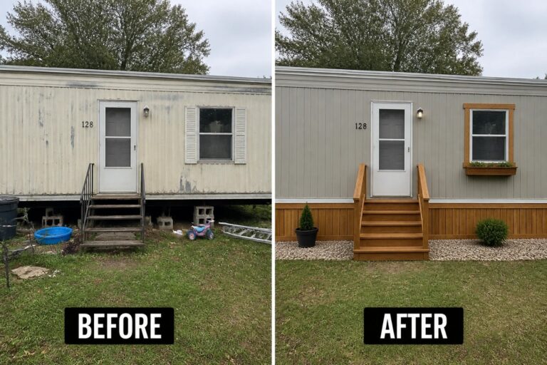 Before-and-after mobile home renovation: weathered beige siding to gray with wooden skirting, steps, planter.
