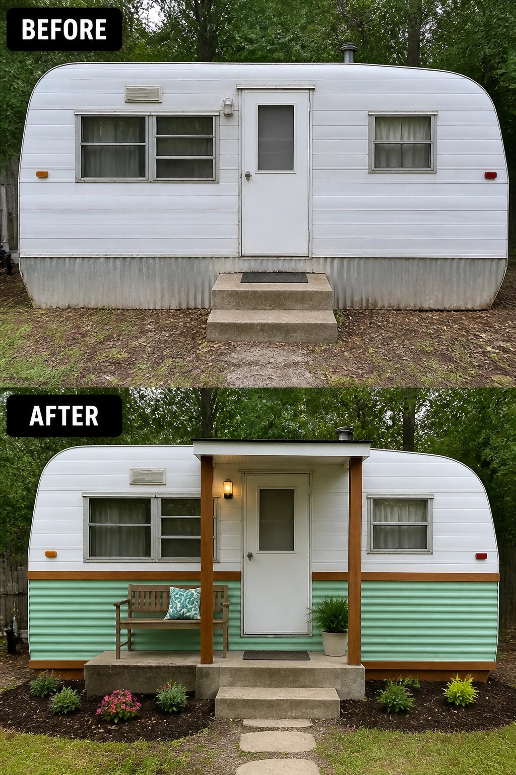 Before-and-after image of a trailer front updated with painted lower skirting and a small covered entry supported by wooden posts, plus a bench and potted plant.