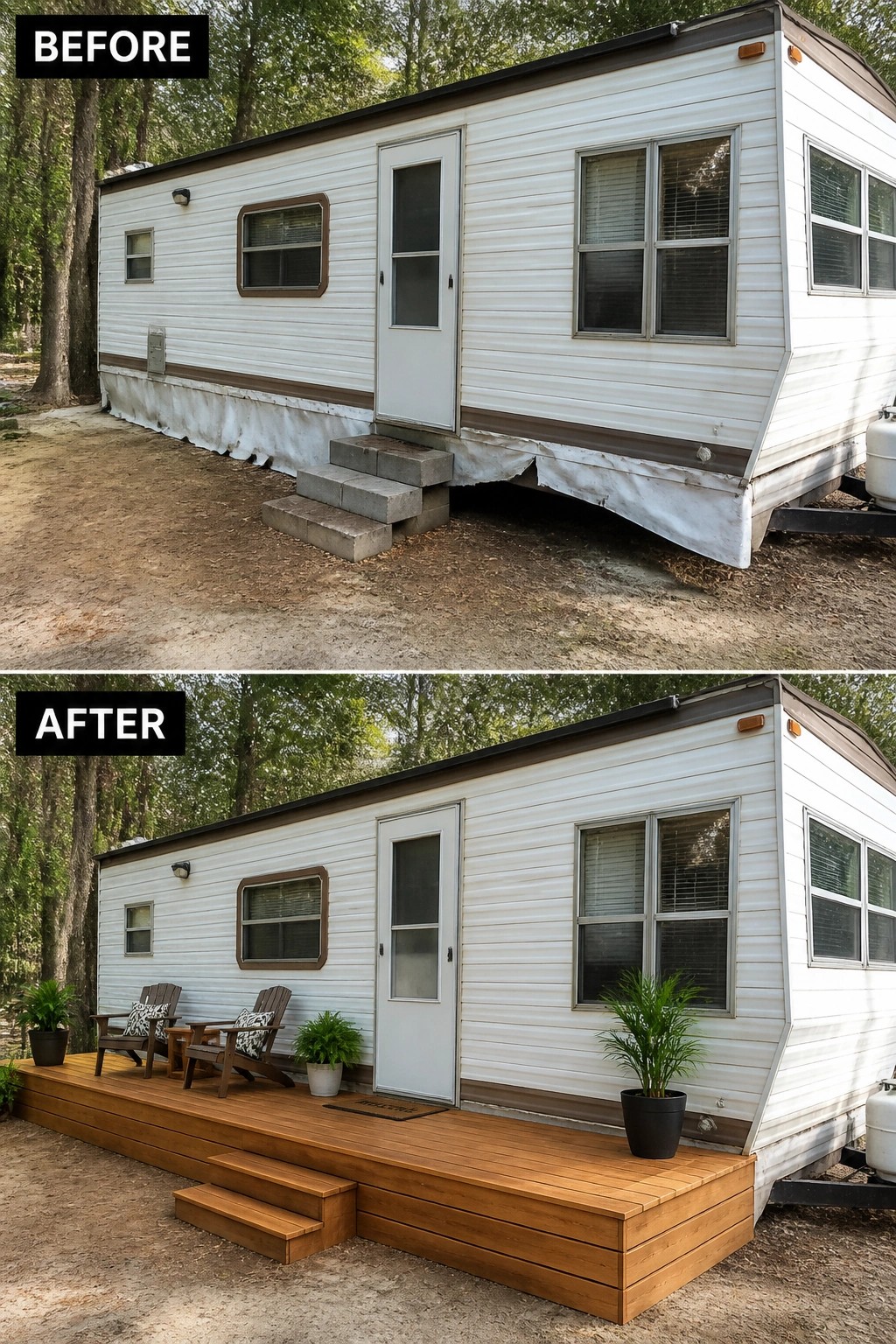 Before-and-after image of a trailer where torn vinyl skirting was replaced by a low wooden deck with steps, seating, and potted plants.