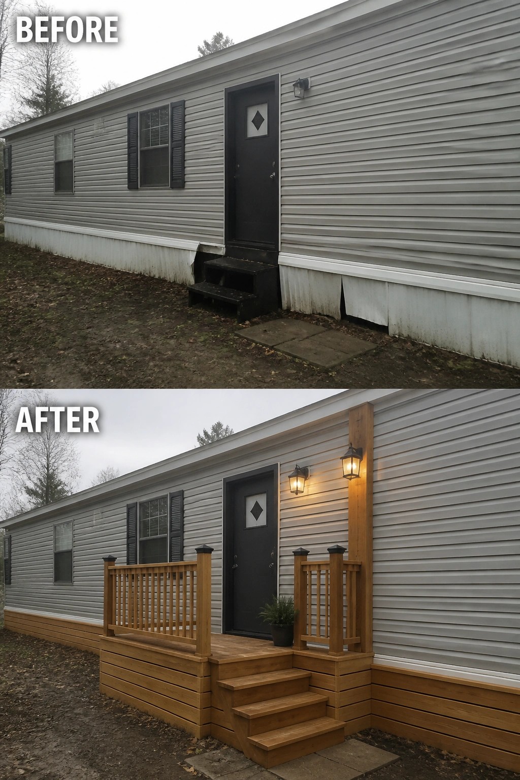 Before-and-after mobile home exterior: gray siding, black door; new warm wood deck, stairs, railings, lanterns.