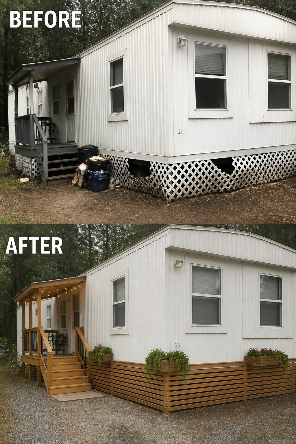 Before-and-after image of a plain trailer exterior updated with a covered wooden front porch, new stairs, planters, string lights, and horizontal wood skirting.