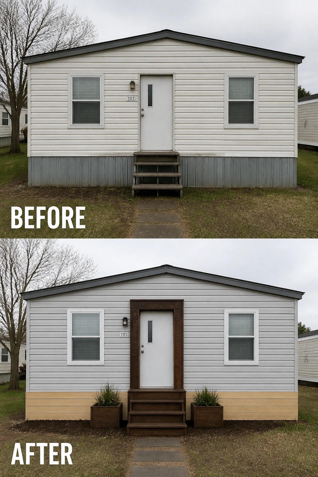 Before-and-after image of a plain mobile home facade updated with a dark wood entry surround, new wood-look skirting, and matching planters flanking the steps.