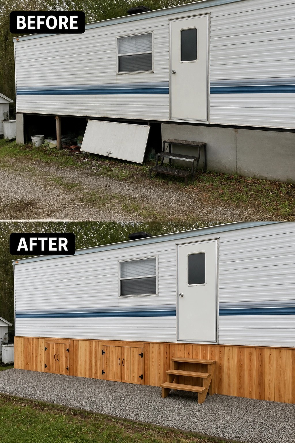Before-and-after image of a trailer exterior where the exposed undercarriage and clutter are covered by new vertical wood skirting with access doors and a small wooden step.