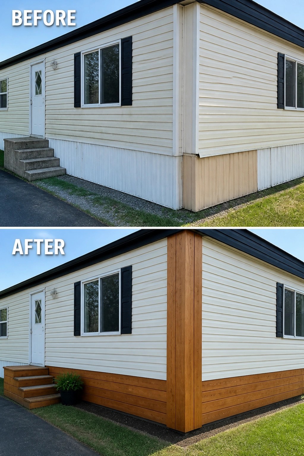 Before-and-after mobile home corner: stained white vinyl siding replaced with warm cedar cladding and steps