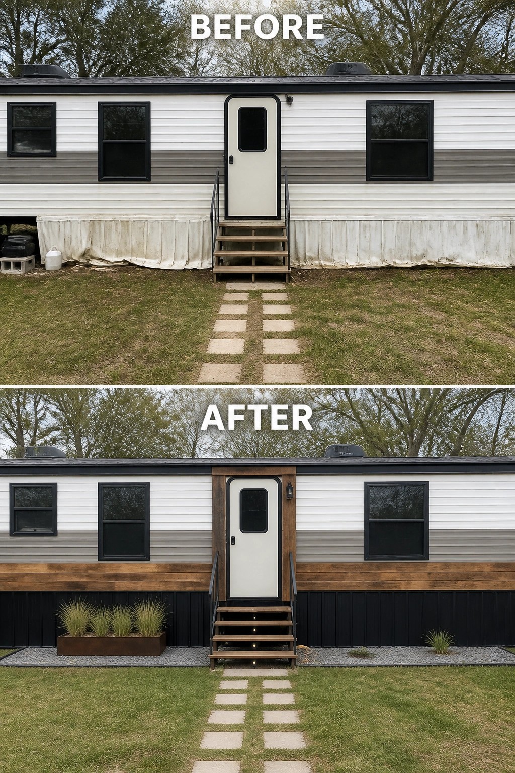 Before-and-after mobile home exterior: dirty white skirting replaced with wood panels, black skirting, planter.