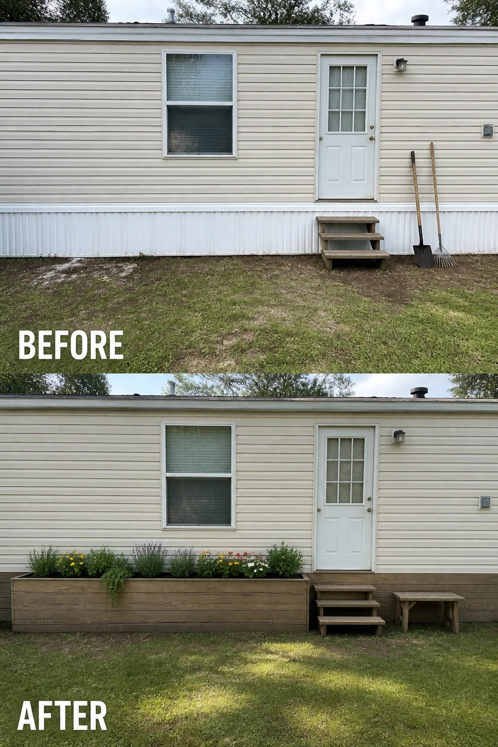 Before-and-after image of a trailer exterior updated with a long wooden planter filled with flowers and matching wood skirting and steps.
