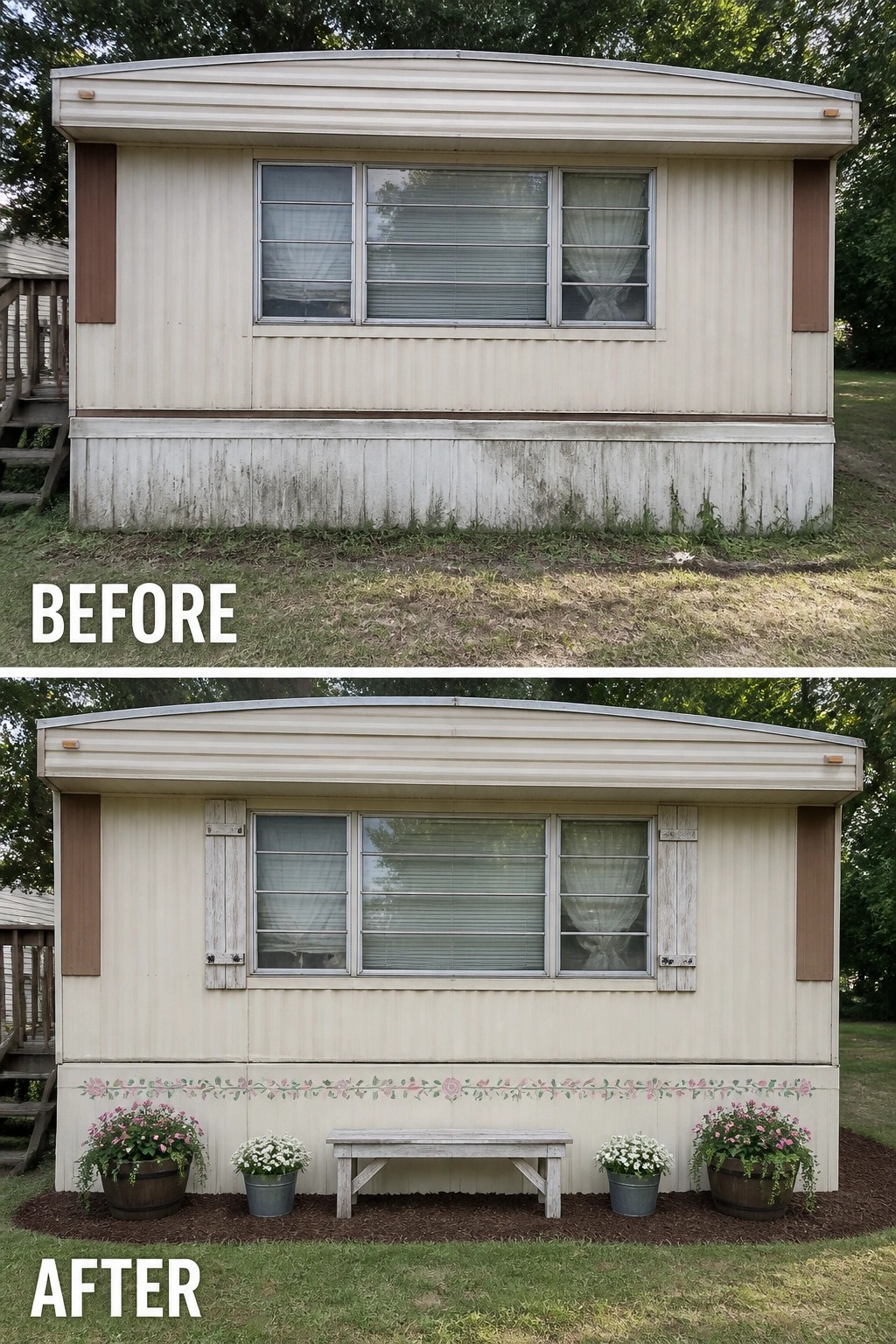 Before-and-after image of a trailer exterior updated by adding wood shutters, a small bench with planters, and a cleaned lower skirt to create a neater, more welcoming facade.